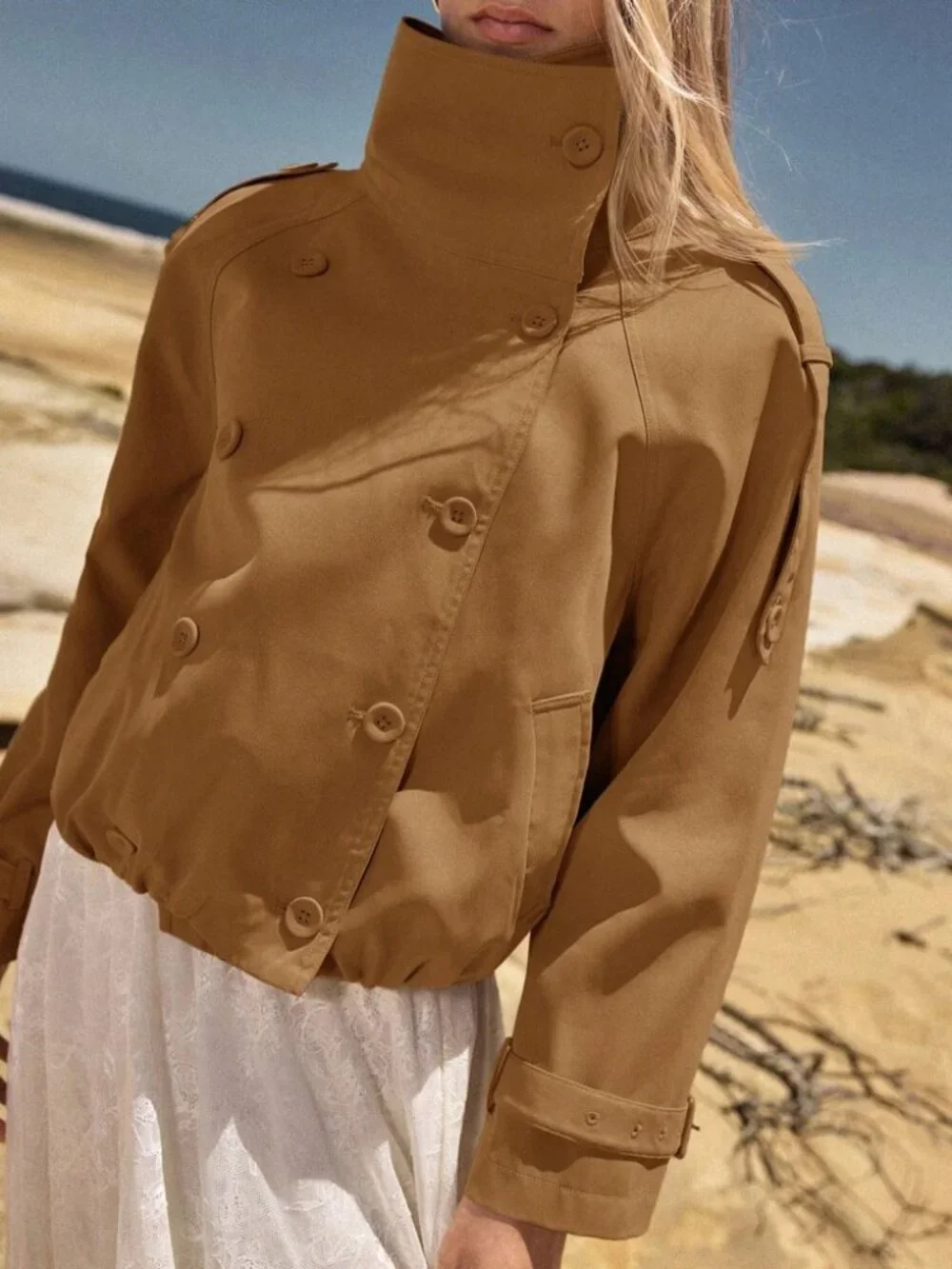 Camel Double-Breasted Cropped Trench Jacket with Belted Cuffs